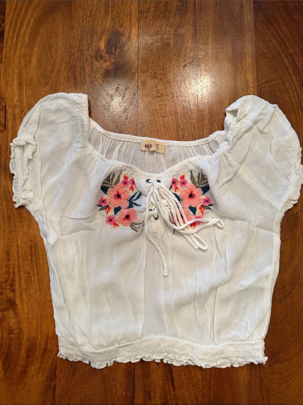 Hollister tie front peasant Crop Top with Pink Floral Embroidery